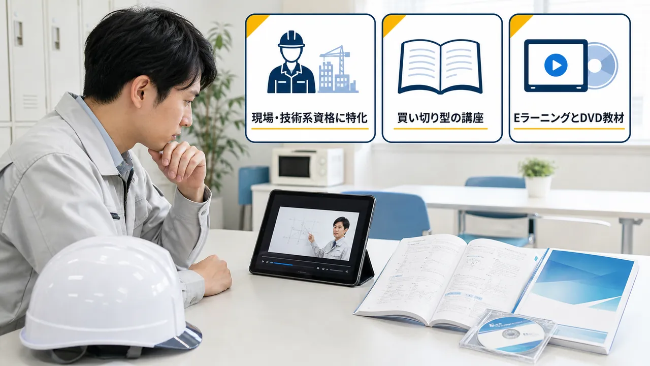 休憩室でタブレット講義と教材一式を使って学ぶ作業服の技術者