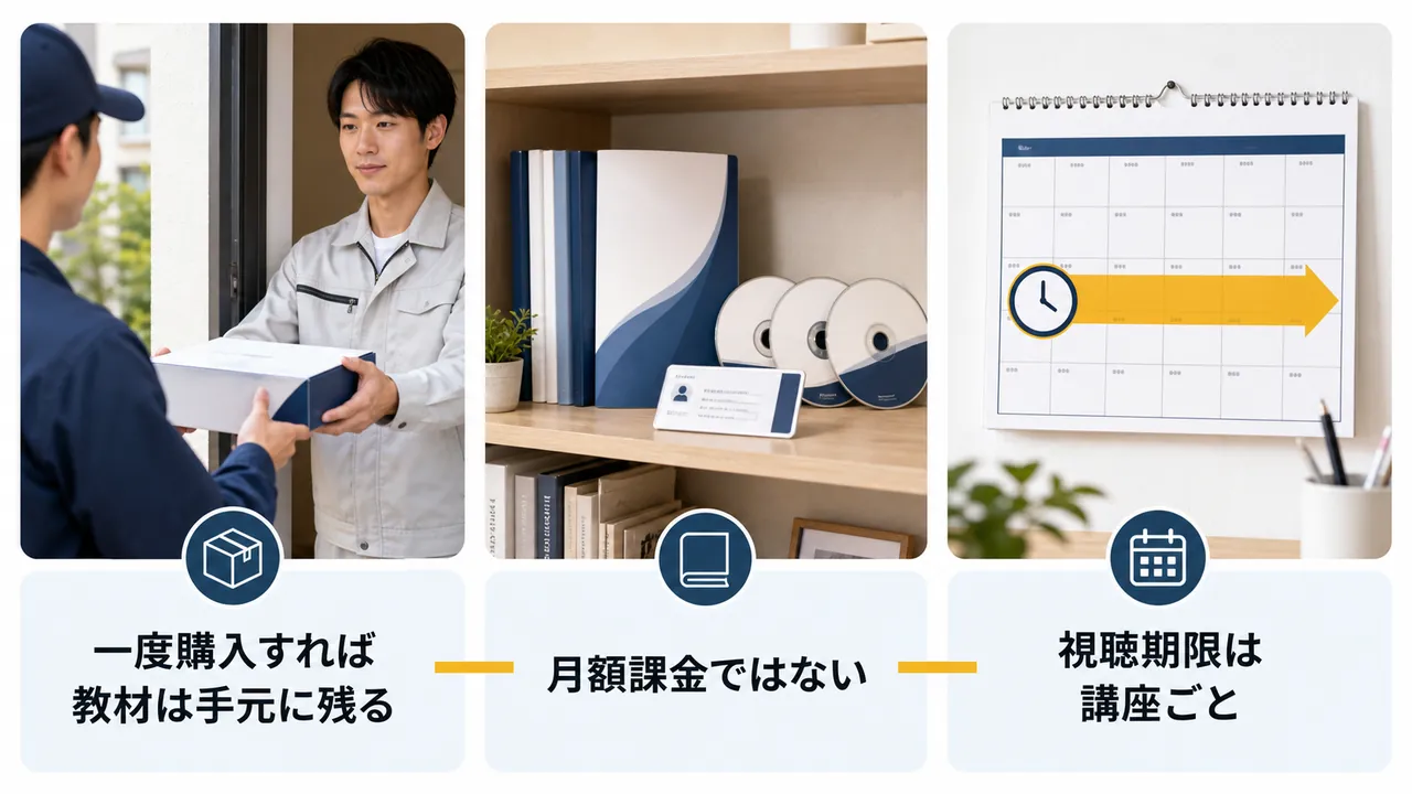 一度の購入で教材が手元に残り、視聴期限内にEラーニングで学ぶ仕組み