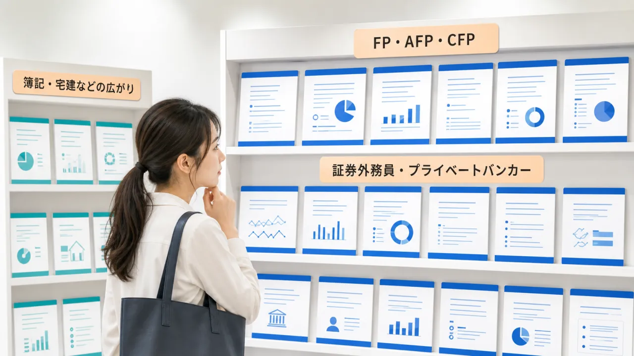 金融系を中心に並ぶ講座の棚から自分の講座を選ぶ構図