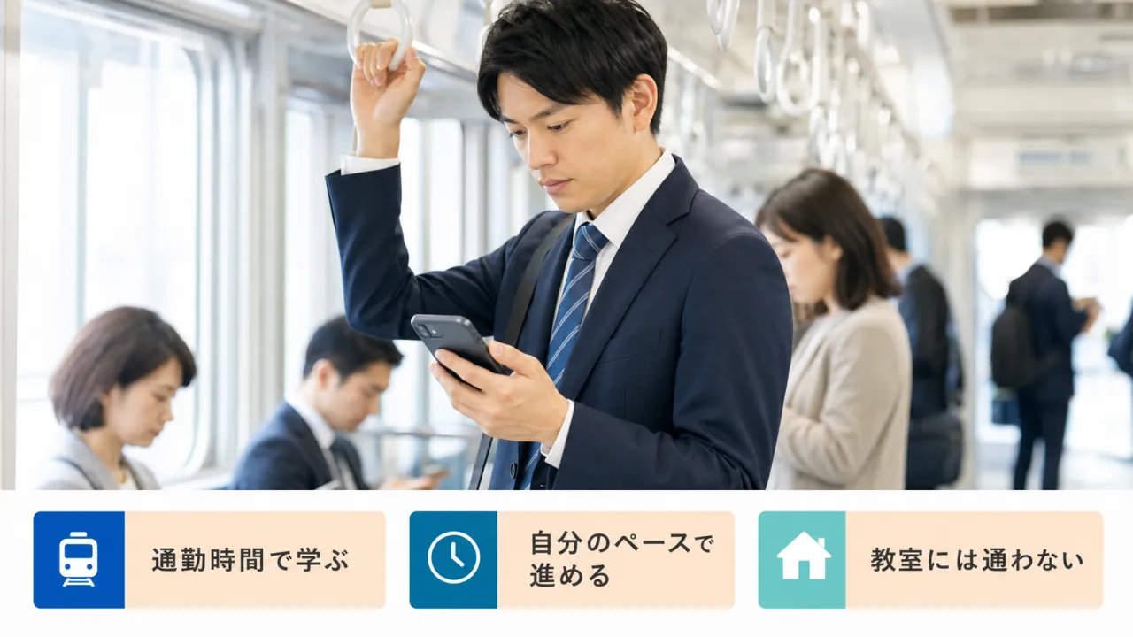 通勤電車の中でスマホ学習をする金融パーソン