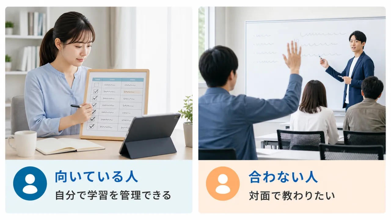 自分で学習を管理できる人と対面で教わりたい人の対比