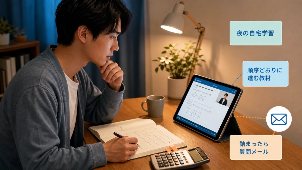 自宅で電卓とノートを広げ、タブレット教材でFP試験対策をする夜の学習