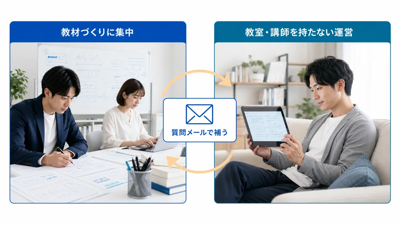教材制作に集中する運営と、タブレットで学ぶ受講者を質問メールがつなぐ仕組み