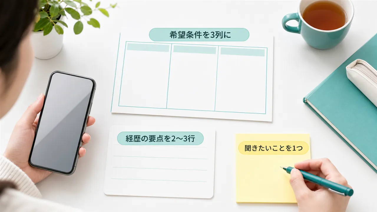 希望条件メモ・経歴の要点・質問1つの準備セット