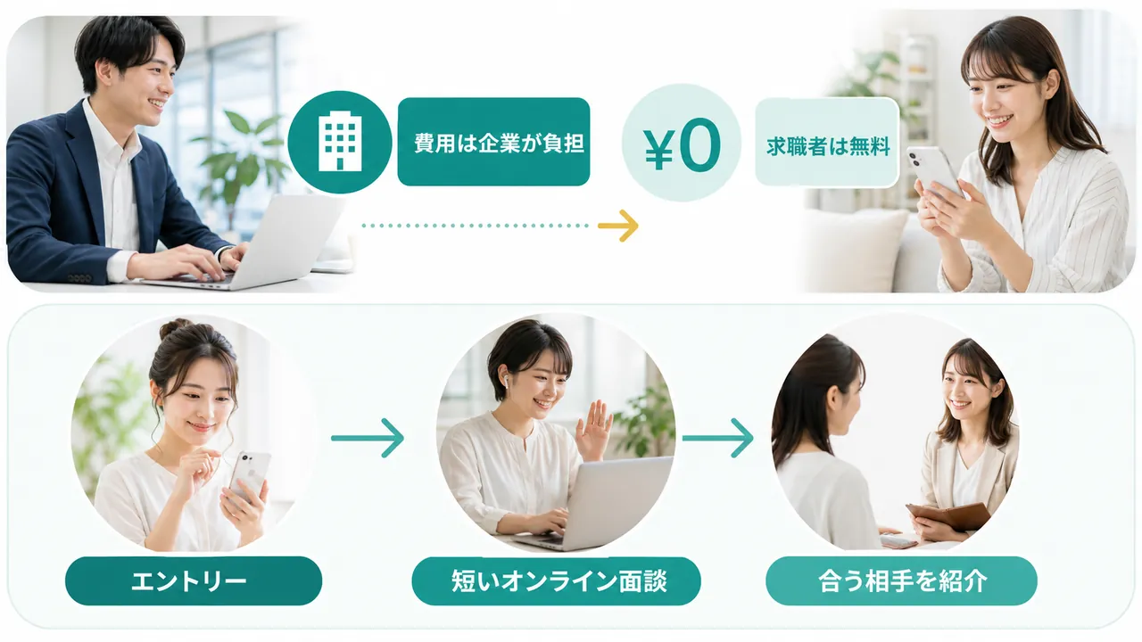 企業が費用を負担する関係と、エントリーから紹介までの流れ
