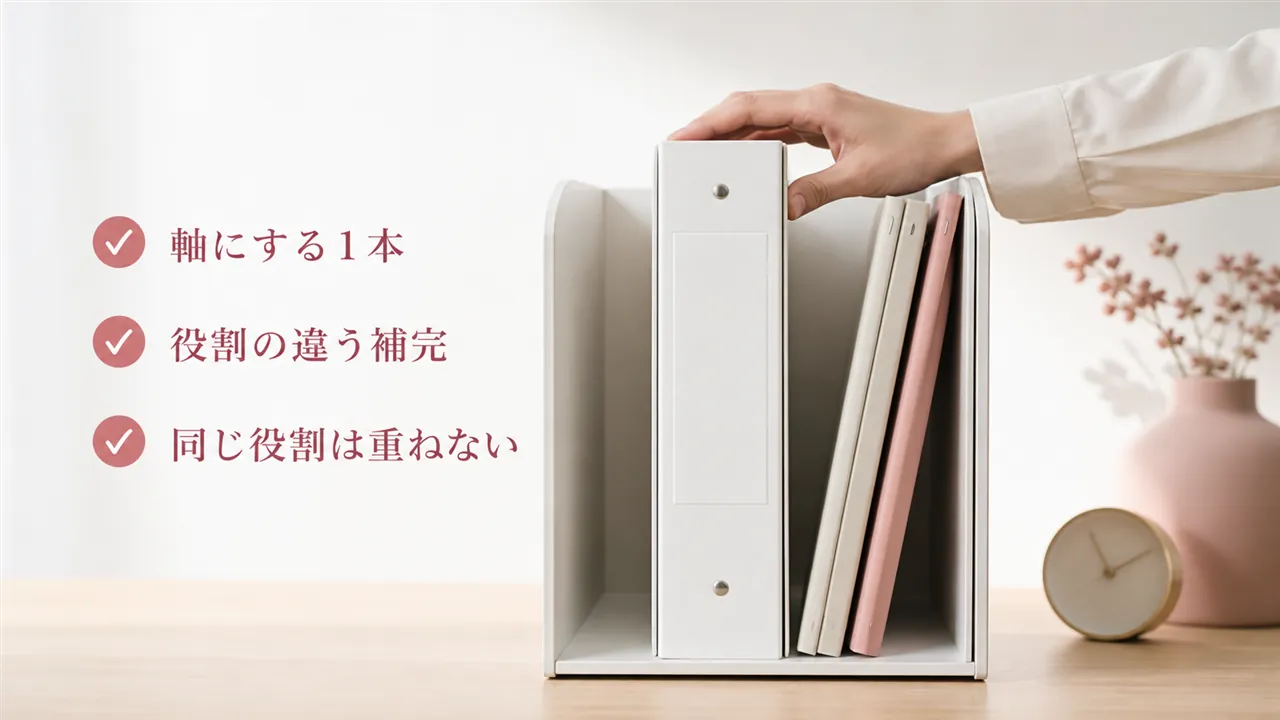 太いバインダー1冊と薄いフォルダ2冊で併用の設計を表した構図