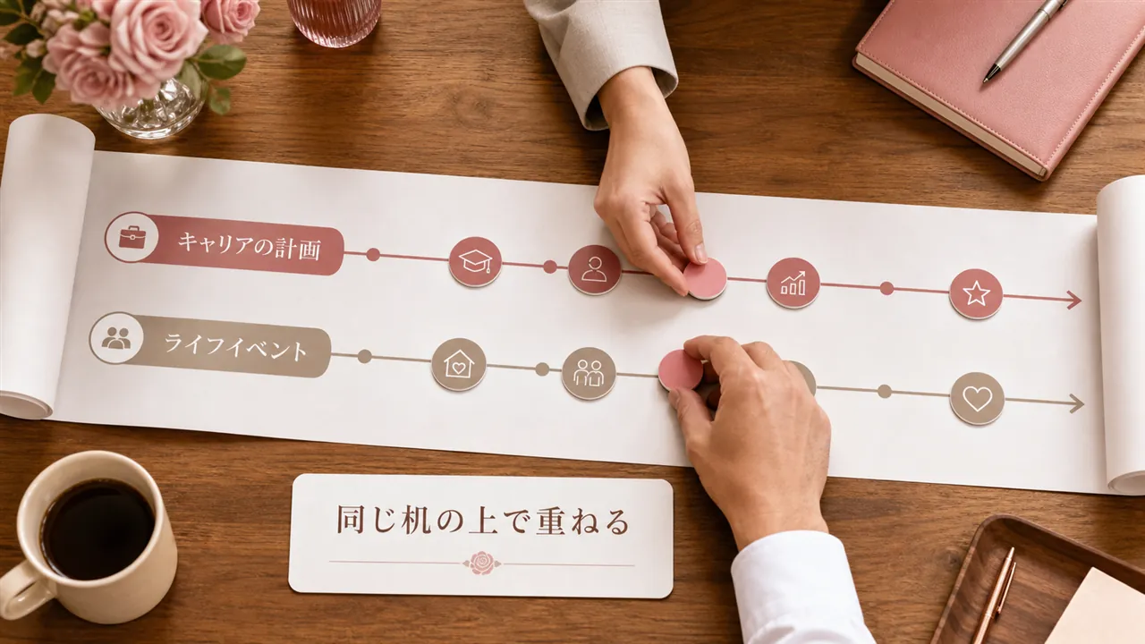 キャリアとライフイベントの2列を1枚の年表で重ねる構図