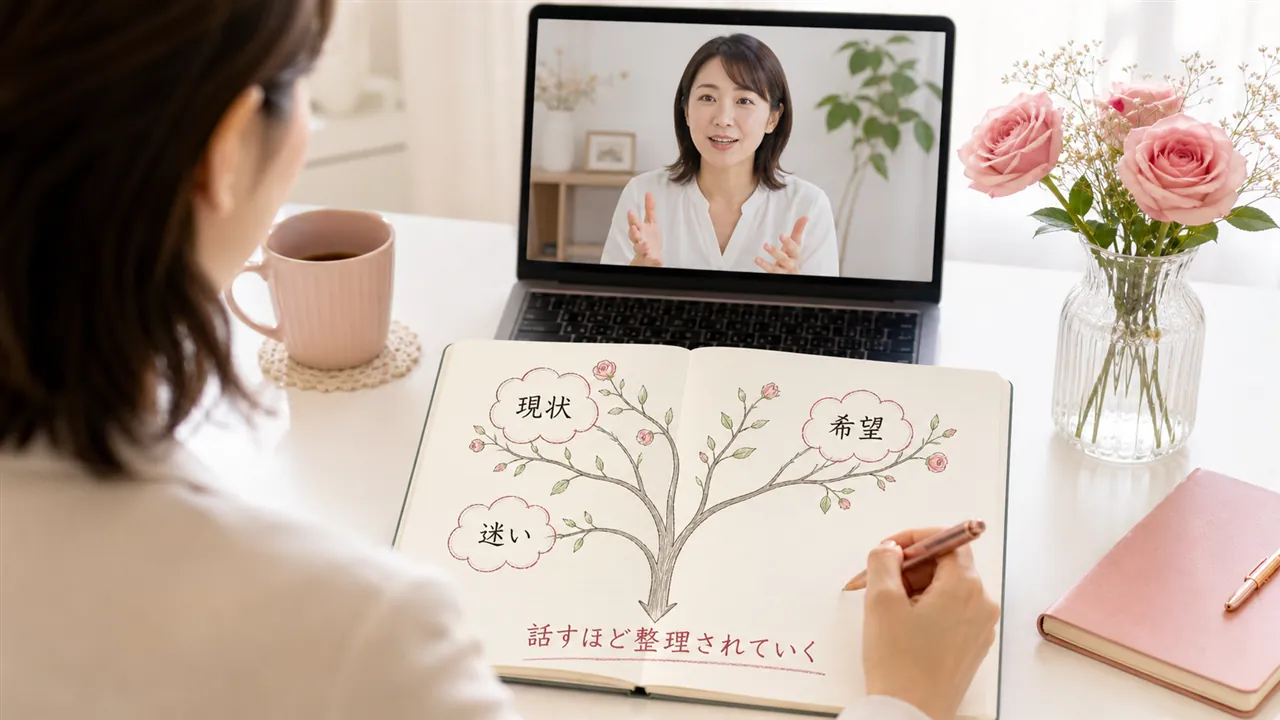 話した内容がノートの上で枝分かれ図に整理されていく構図