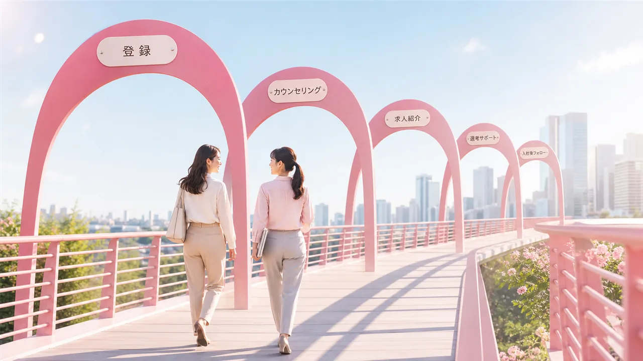 登録から入社後フォローまでを1本の橋として歩く構図