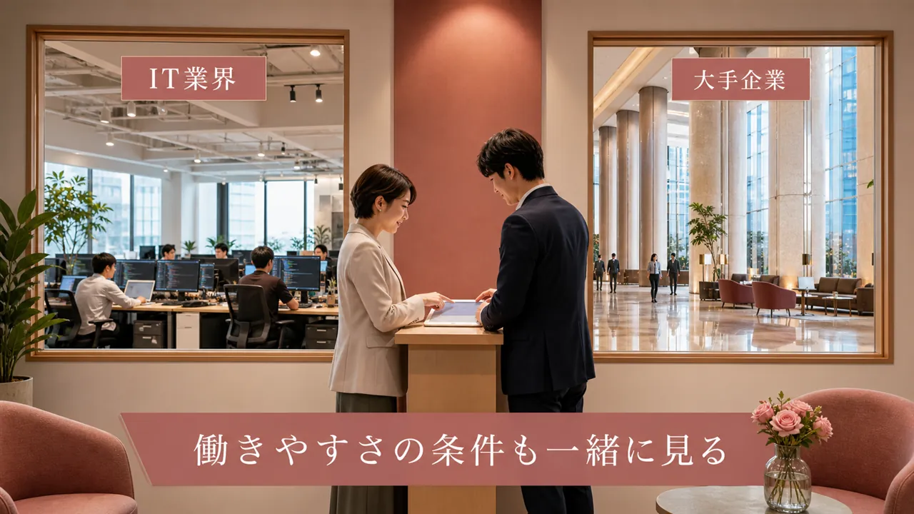 IT業界と大手企業を2枚の窓越しに見比べる構図