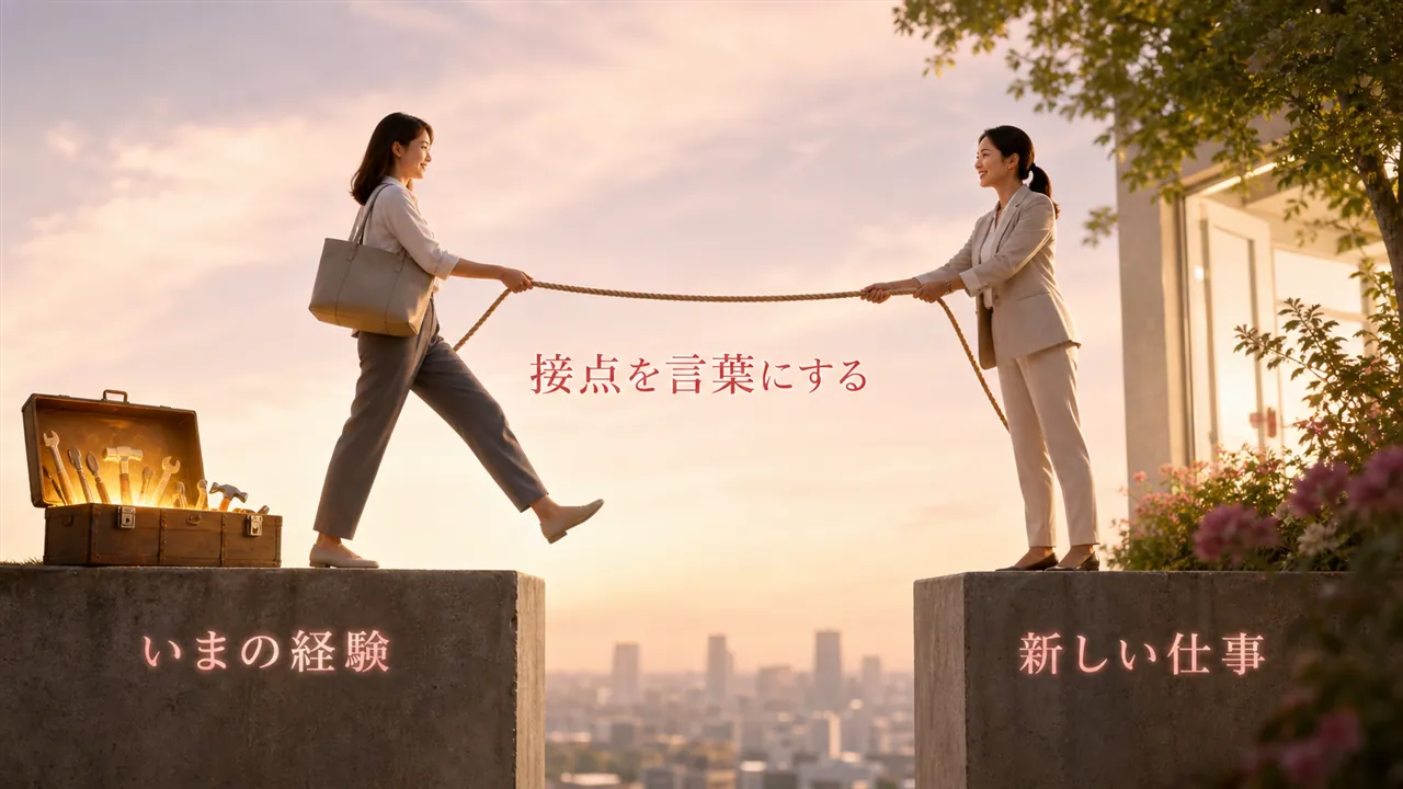 経験の道具箱を持って新しい仕事の足場へ渡る構図
